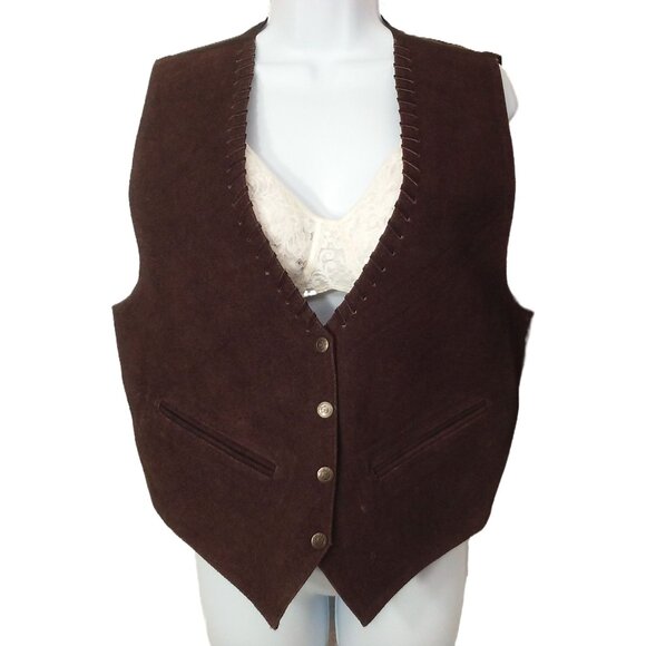 Lot(2) Mona Mode Suede Leather Vests Lady-L Pockets Lined Metal Snaps Brown Blac - Picture 2 of 10